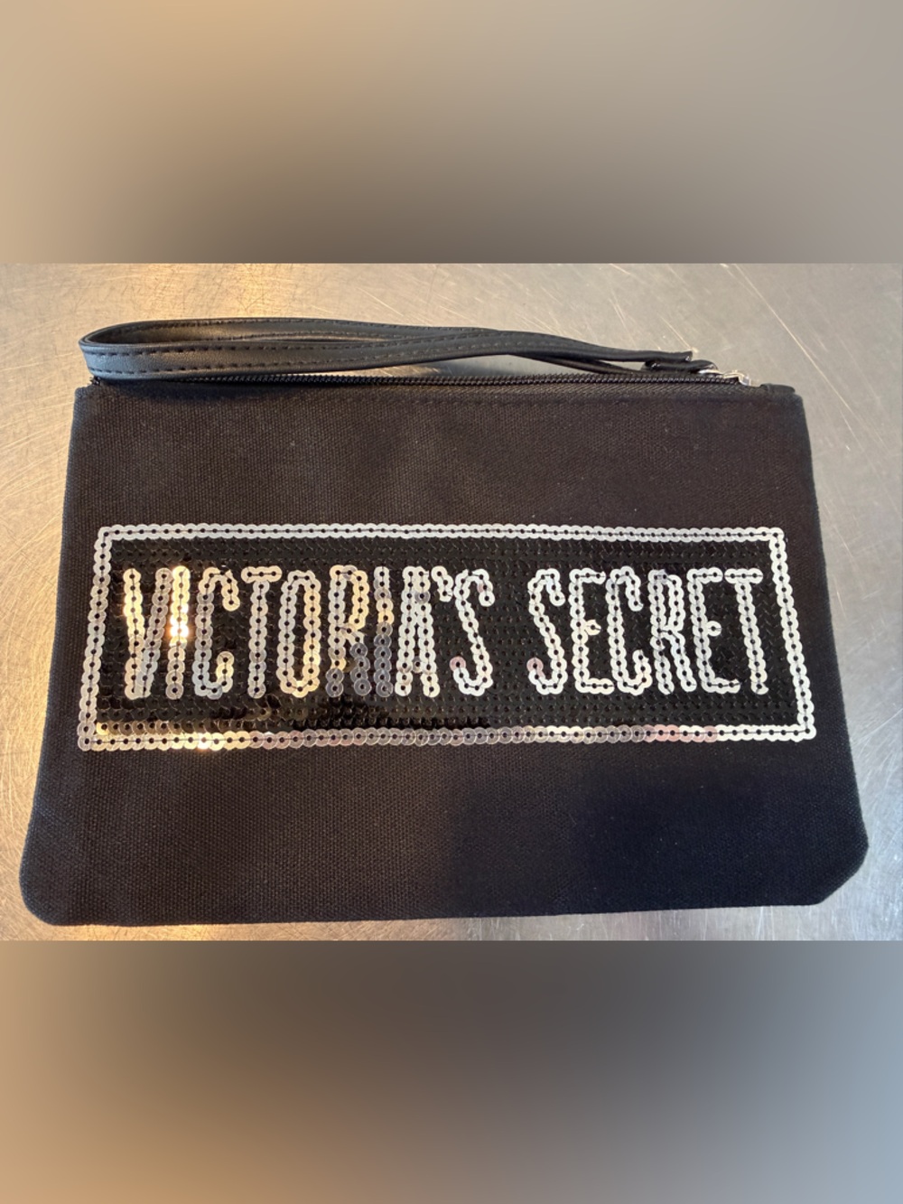 Victoria's Secret Black & Silver Sequin Makeup Cosmetic Travel Bag 9 in x 6 in